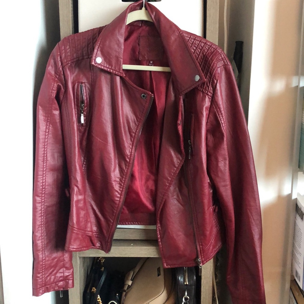 Deep red faux leather moto jacket